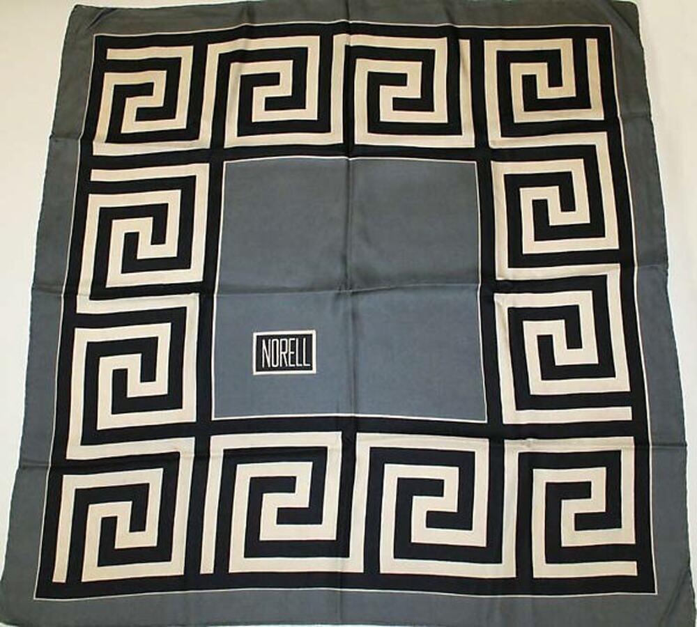 Vintage Rare Norman Norell Greek Key Gray Black White Logo Signature Silk Scarf